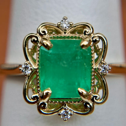 14KT Yellow Gold Emerald-Cut Colombian Emerald + Filigree Diamond Ring