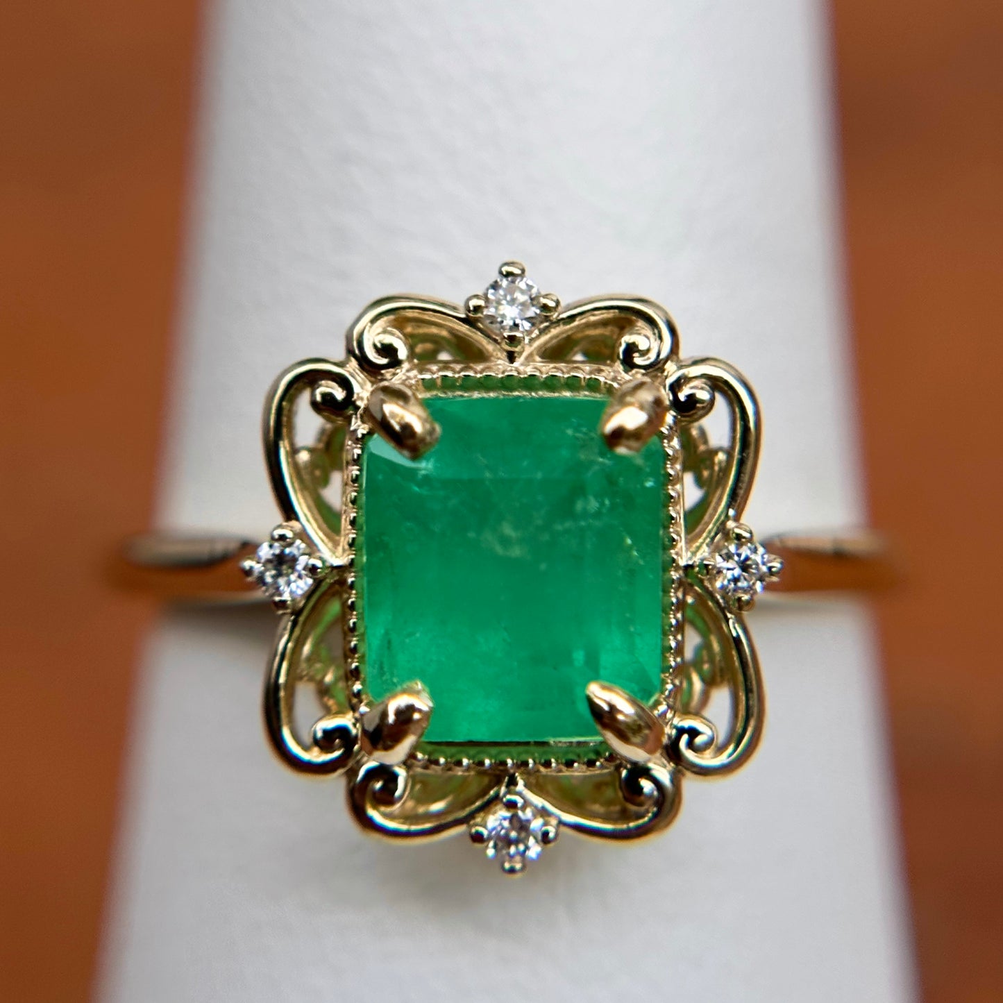 14KT Yellow Gold Emerald-Cut Colombian Emerald + Filigree Diamond Ring