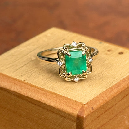 14KT Yellow Gold Emerald-Cut Colombian Emerald + Filigree Diamond Ring