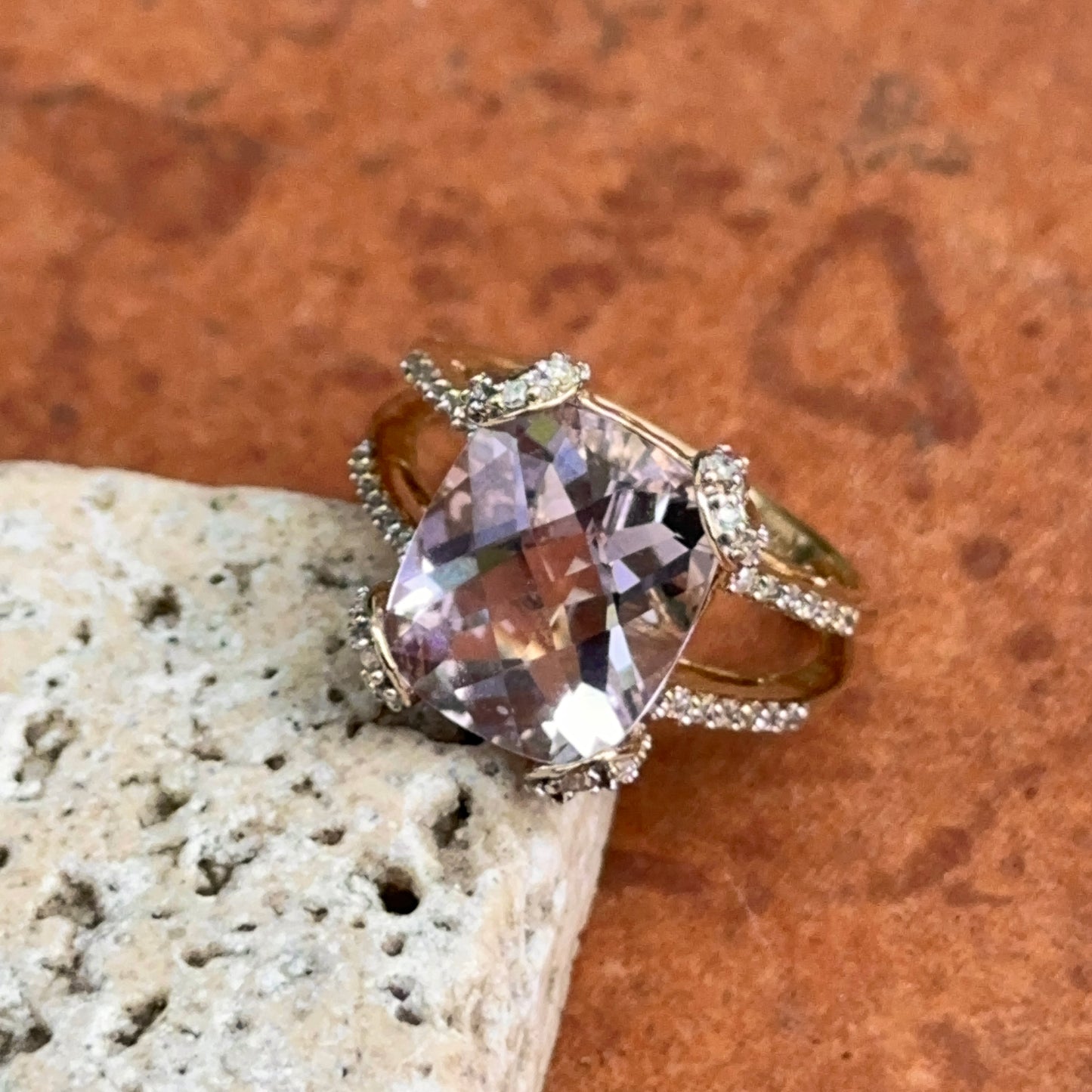 Estate 10KT Yellow Gold Cushion Amethyst + Diamond Ring