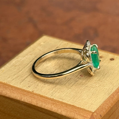 14KT Yellow Gold Emerald-Cut Colombian Emerald + Filigree Diamond Ring