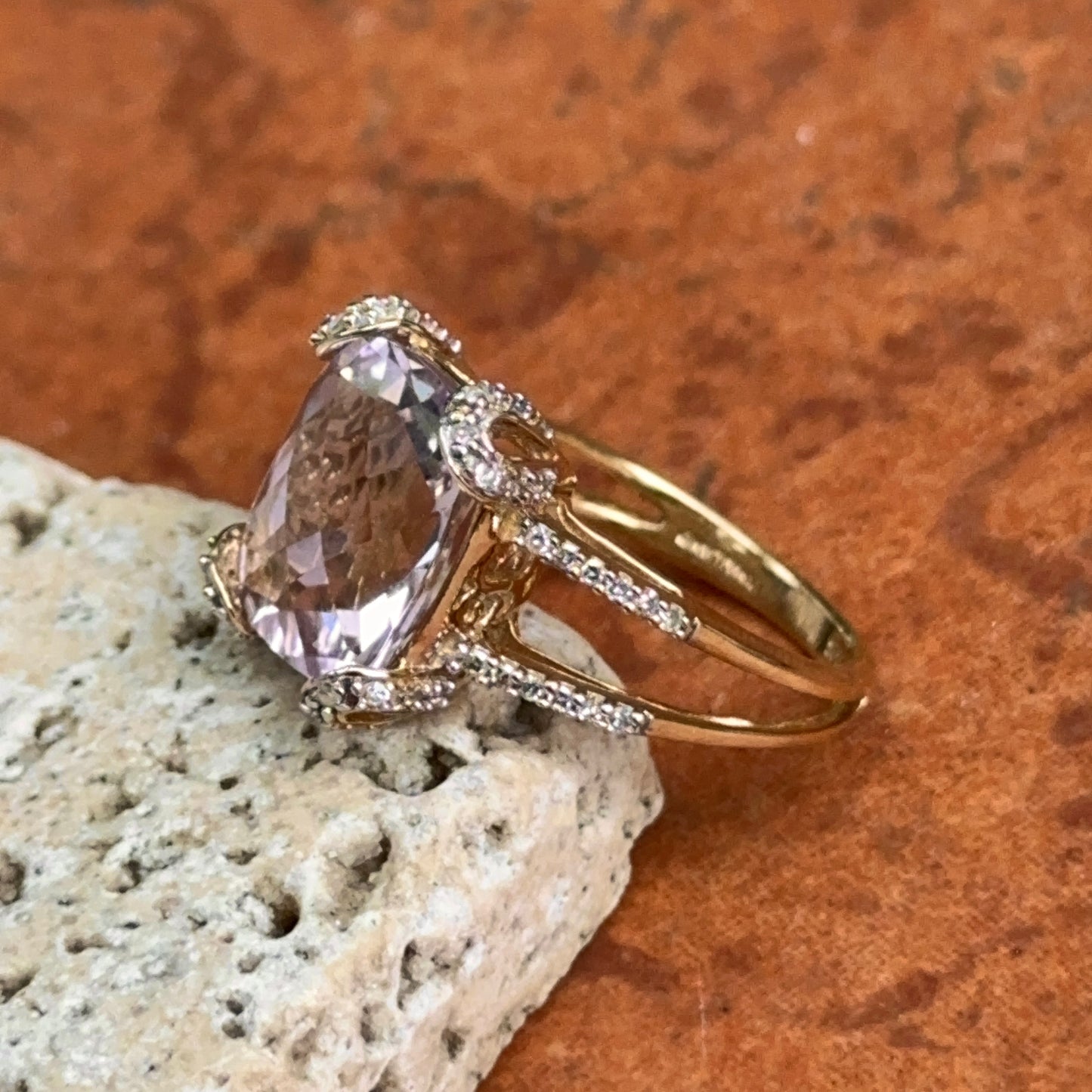 Estate 10KT Yellow Gold Cushion Amethyst + Diamond Ring