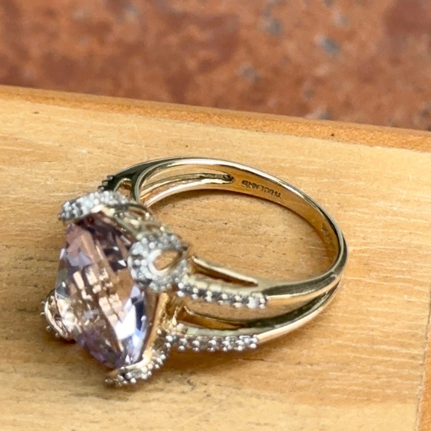Estate 10KT Yellow Gold Cushion Amethyst + Diamond Ring