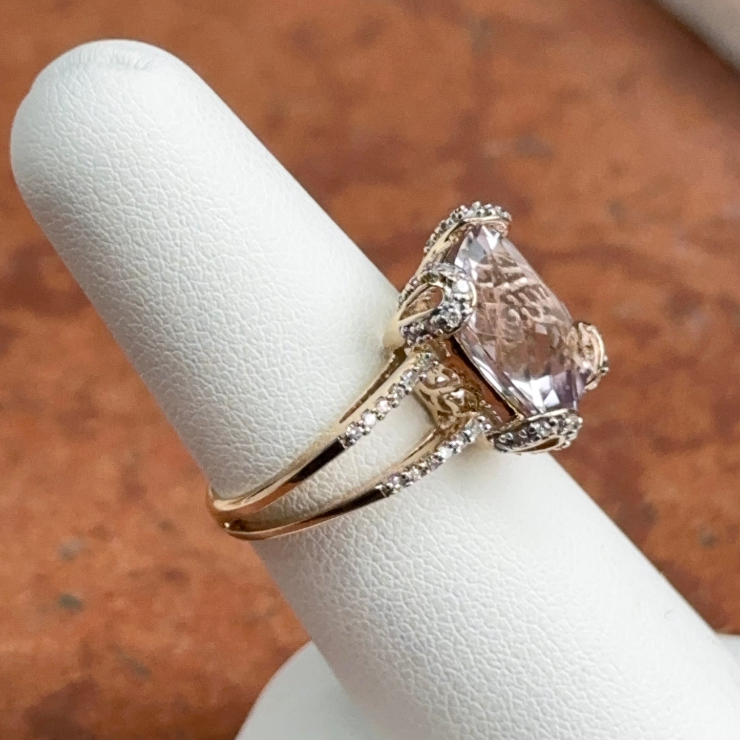 Estate 10KT Yellow Gold Cushion Amethyst + Diamond Ring
