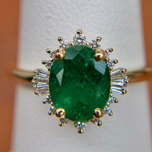 14KT Yellow Gold Oval Colombian Emerald + Baguette Halo Ring