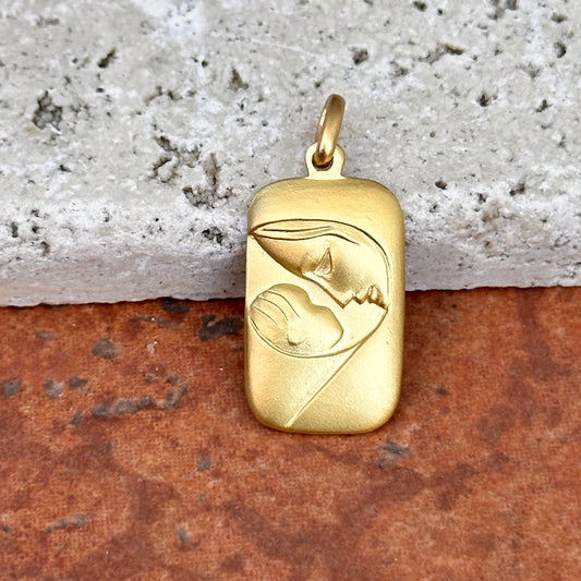 14KT Yellow Gold Matte Mother + Baby Rectangle Pendant Medal