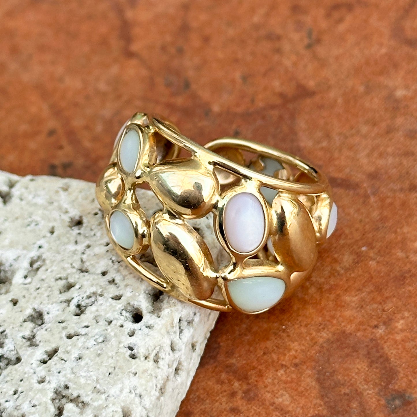 Estate 14KT Yellow Gold Opal + Moonstone Statement Cigar Band Ring Adjustable - LSJ