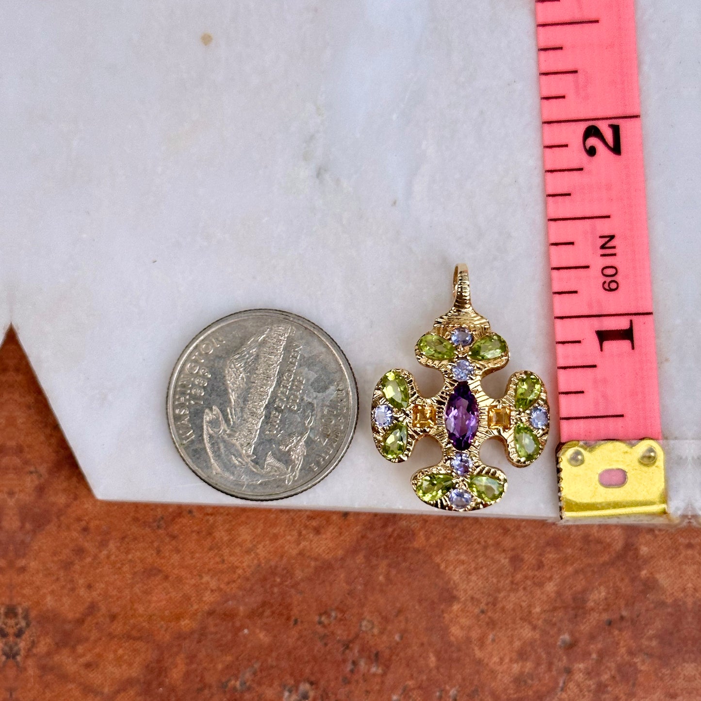 Vintage Estate 14KT Yellow Gold Gemstone Maltese Cross Pendant