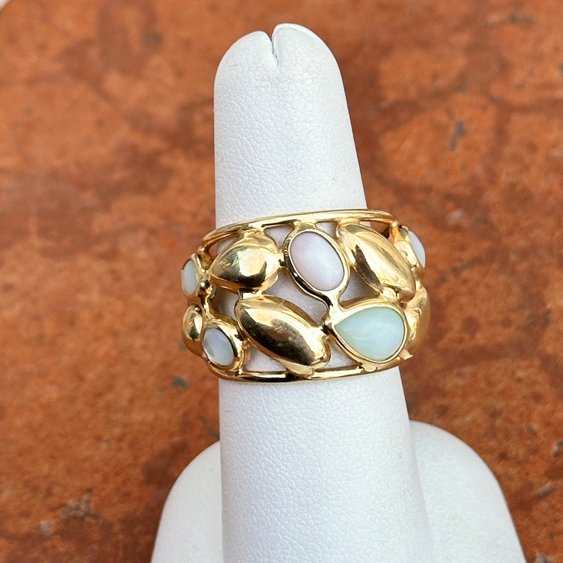 Estate 14KT Yellow Gold Opal + Moonstone Statement Cigar Band Ring Adjustable - LSJ