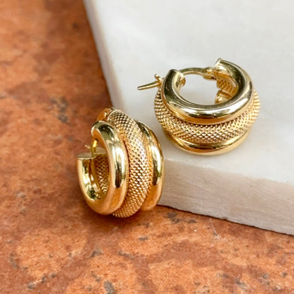 Estate 14KT Yellow Gold Mesh Ribbed Hoop Earrings 16mm