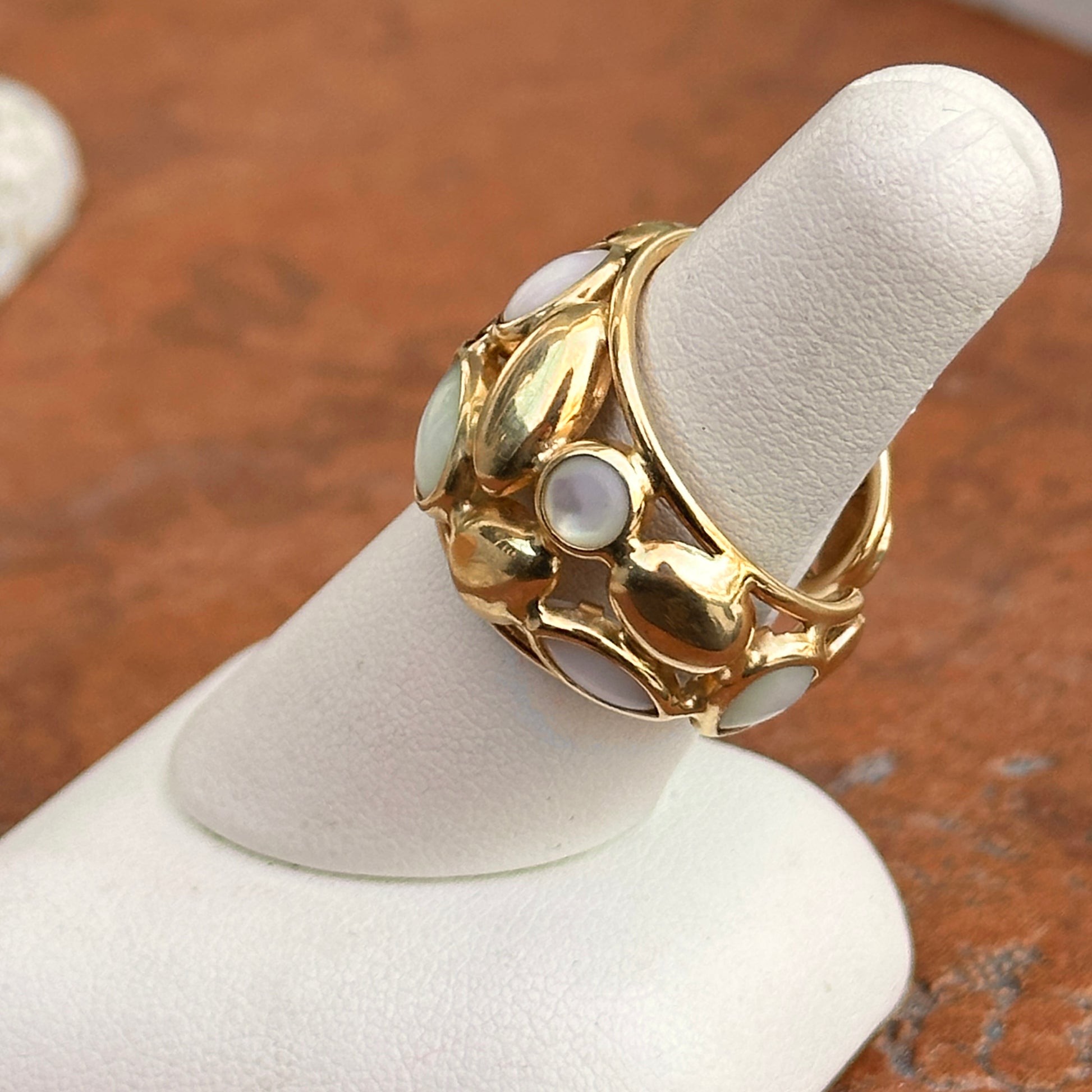 Estate 14KT Yellow Gold Opal + Moonstone Statement Cigar Band Ring Adjustable - LSJ