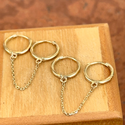 14KT Yellow Gold Double Pierced Hoop Chain Connecting Huggies Hinged Earrings Duo