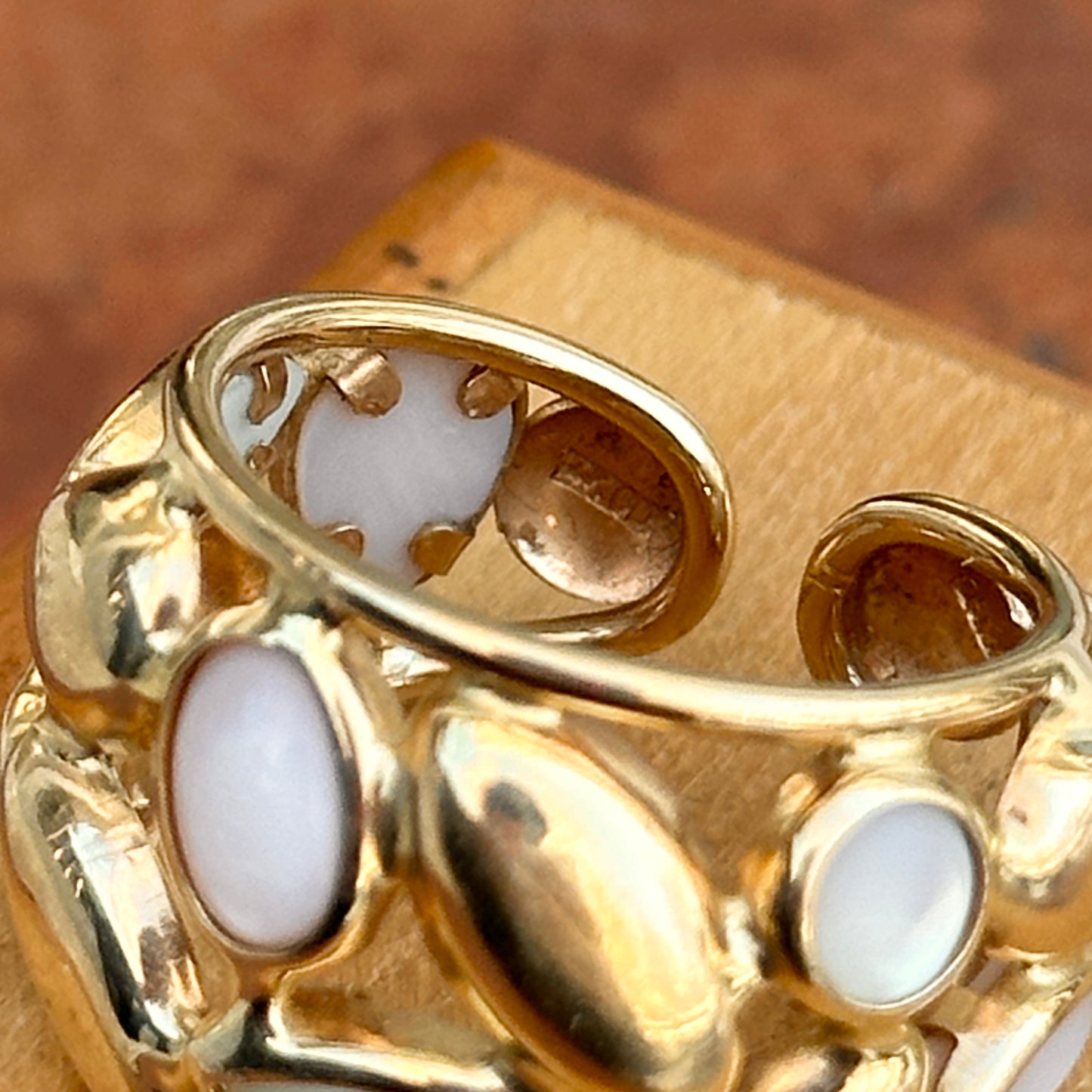 Estate 14KT Yellow Gold Opal + Moonstone Statement Cigar Band Ring Adjustable - LSJ