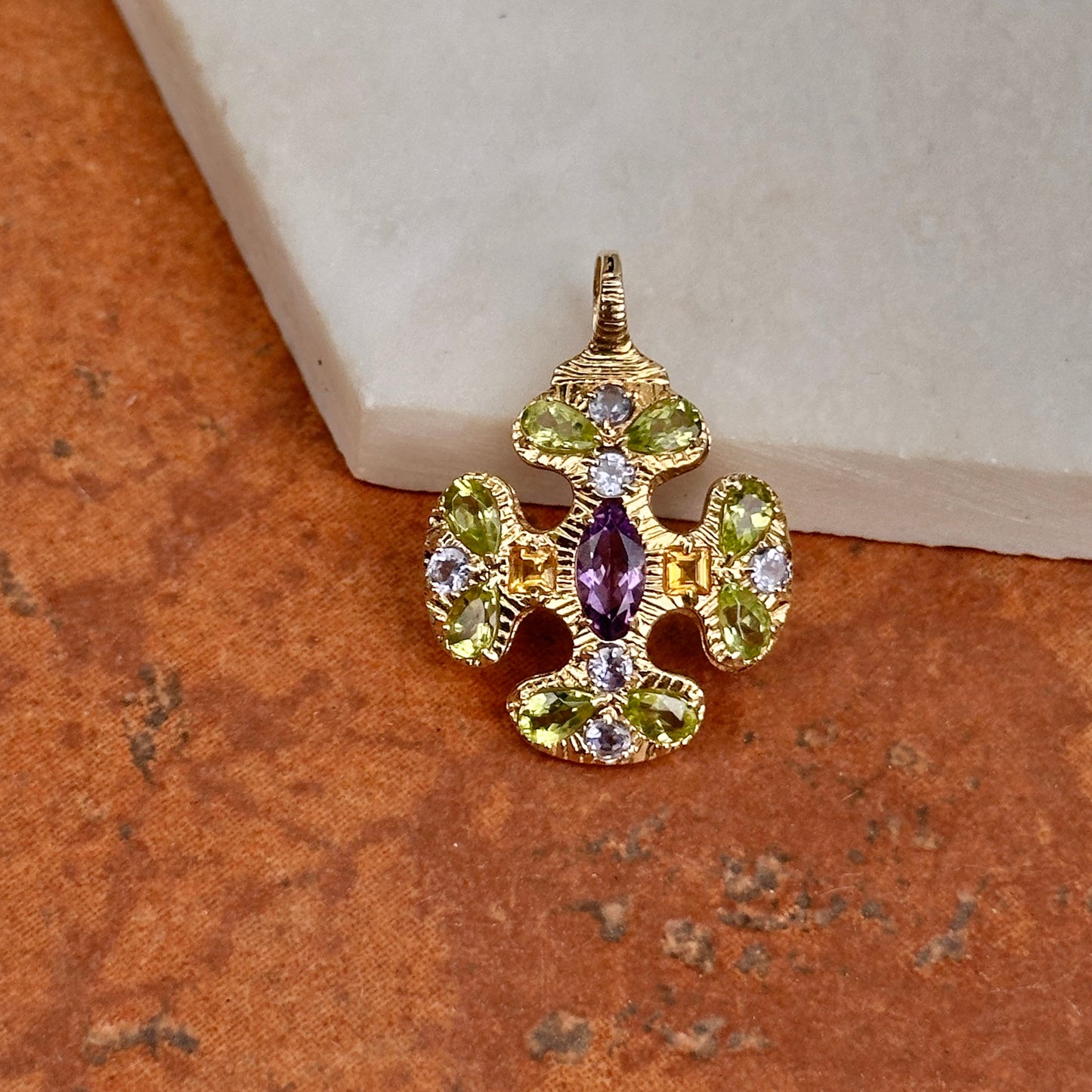 Vintage Estate 14KT Yellow Gold Gemstone Maltese Cross Pendant