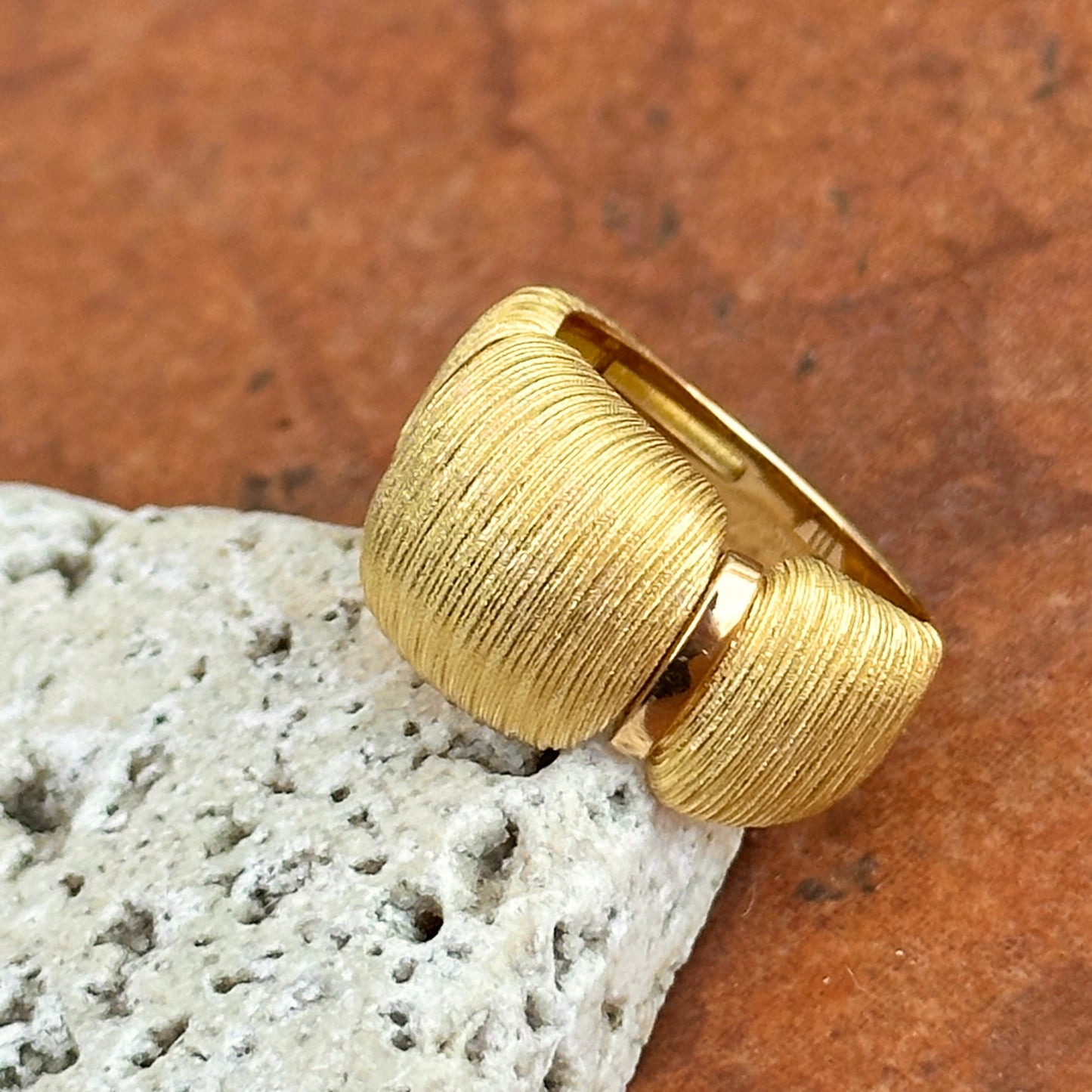 18KT Yellow Gold Textured Matte Domed Cigar Band Ring