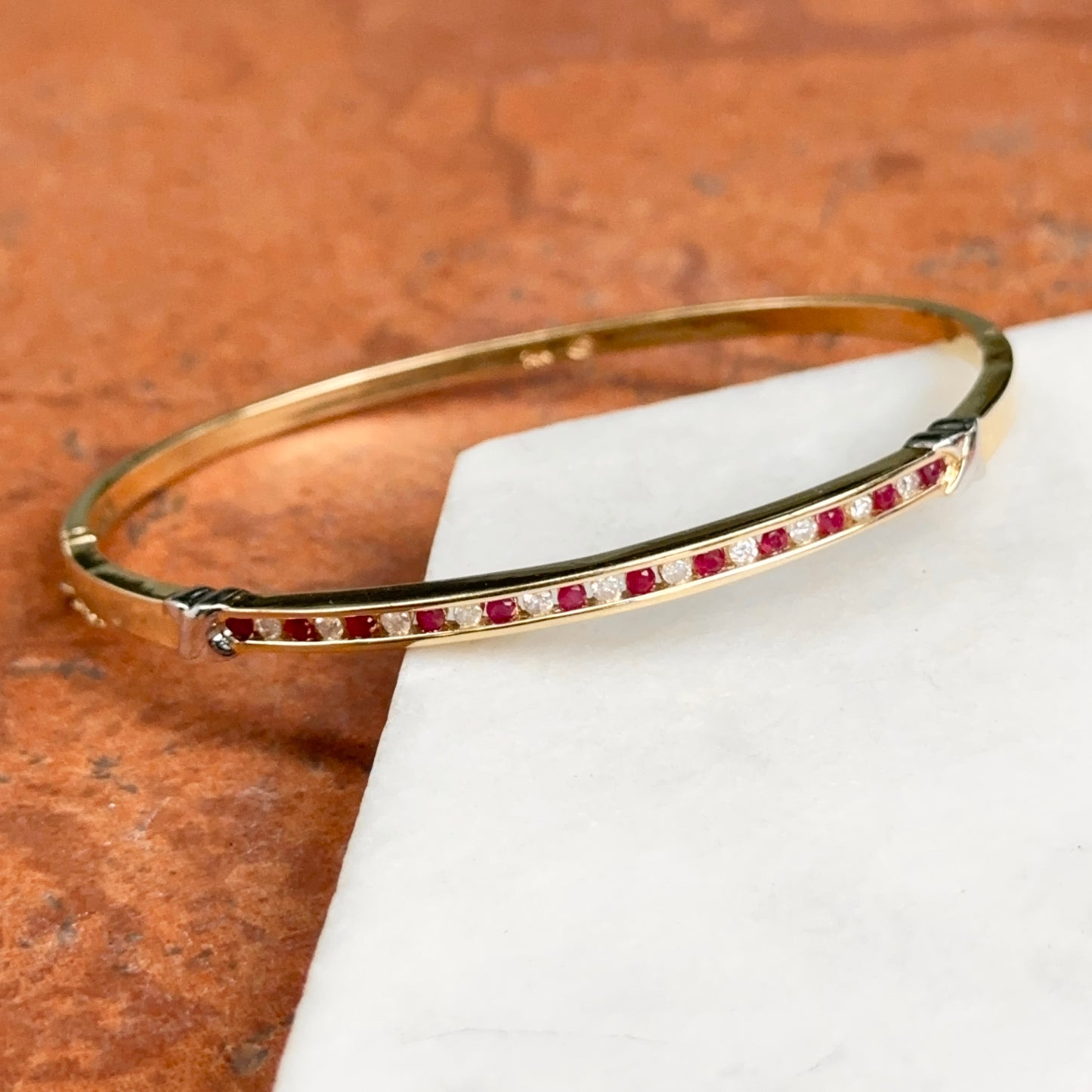 Estate 14KT Yellow Gold Channel Ruby + Diamaond Bangle Bracelet