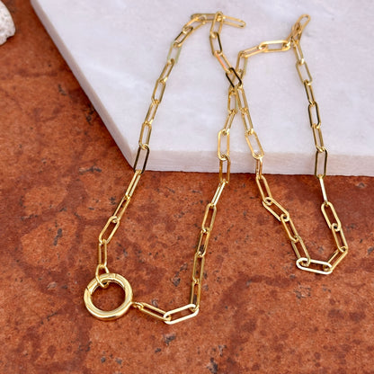 14KT Yellow Gold Charm Holder Clasp Paper Clip Chain Necklace