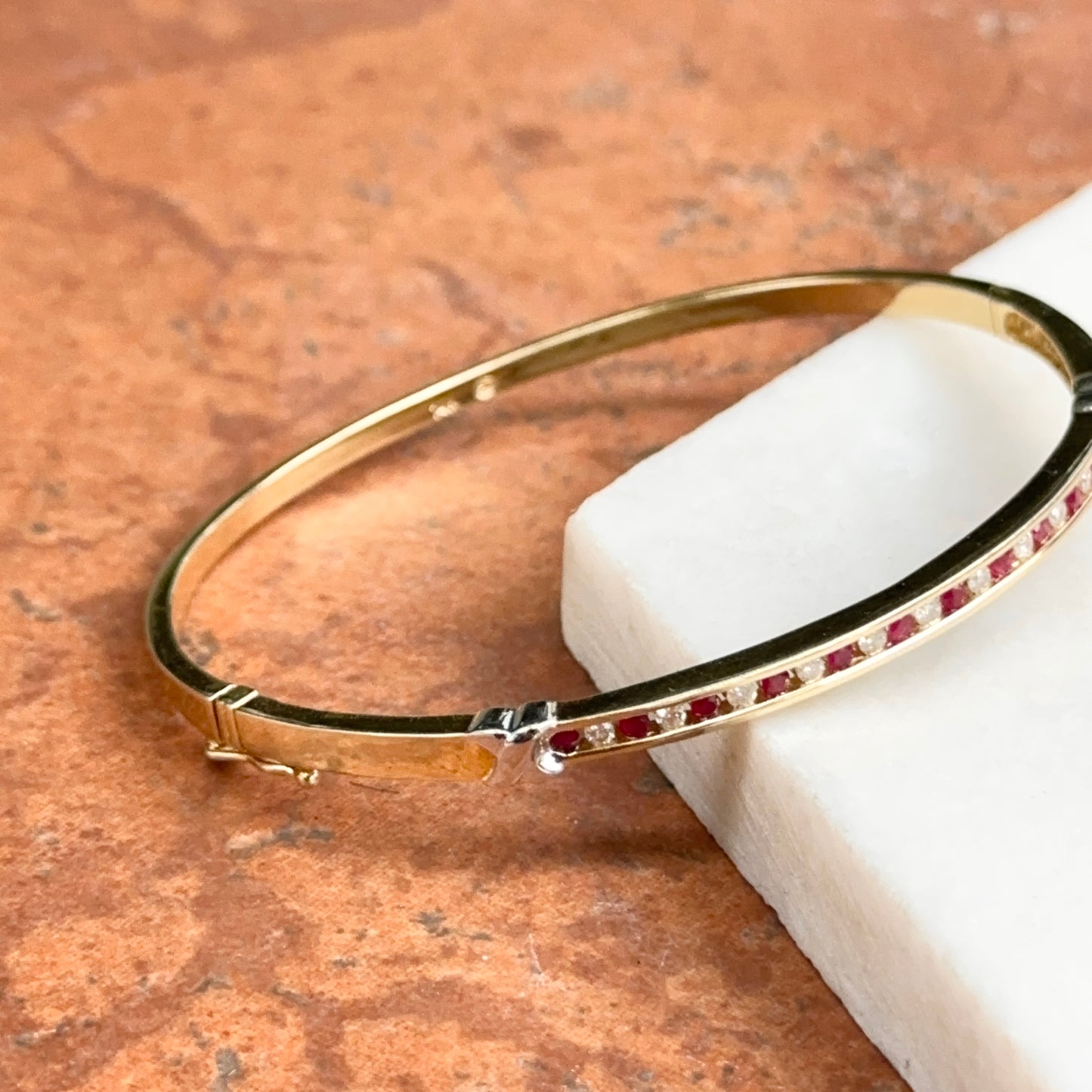 Estate 14KT Yellow Gold Channel Ruby + Diamaond Bangle Bracelet