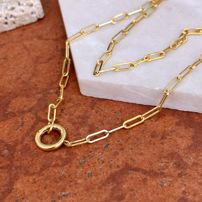 14KT Yellow Gold Charm Holder Clasp Paper Clip Chain Necklace