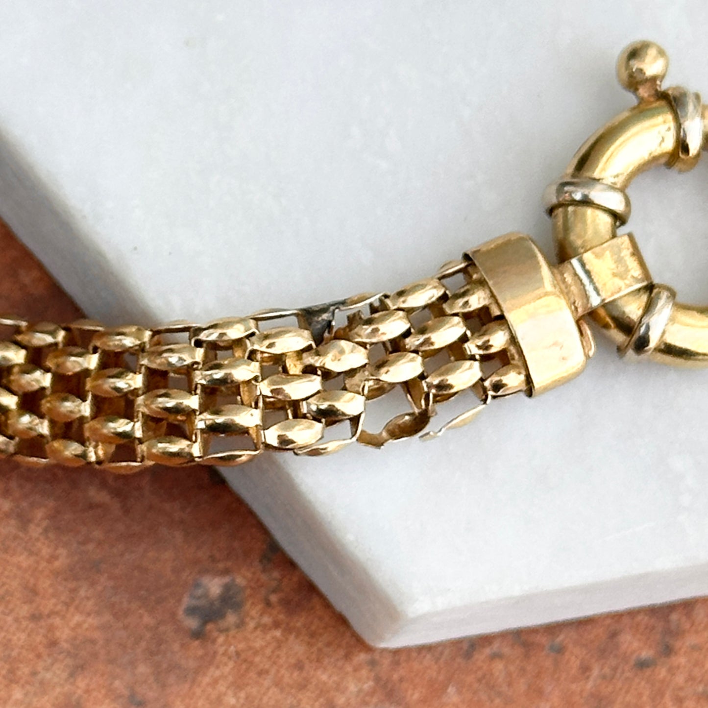 Estate 14KT Yellow Gold Open Weave Link Bracelet + Fancy Spring Ring 7”