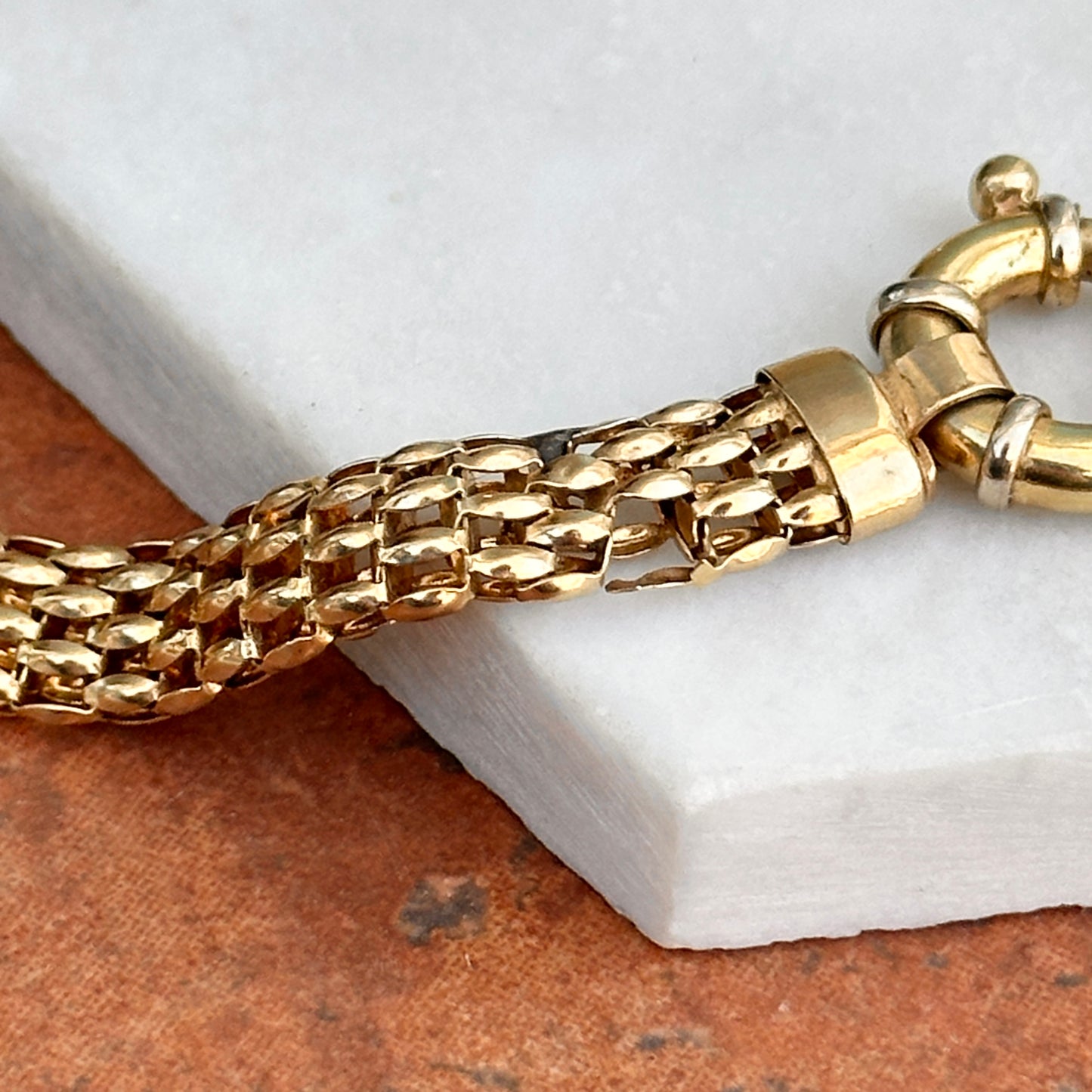 Estate 14KT Yellow Gold Open Weave Link Bracelet + Fancy Spring Ring 7”