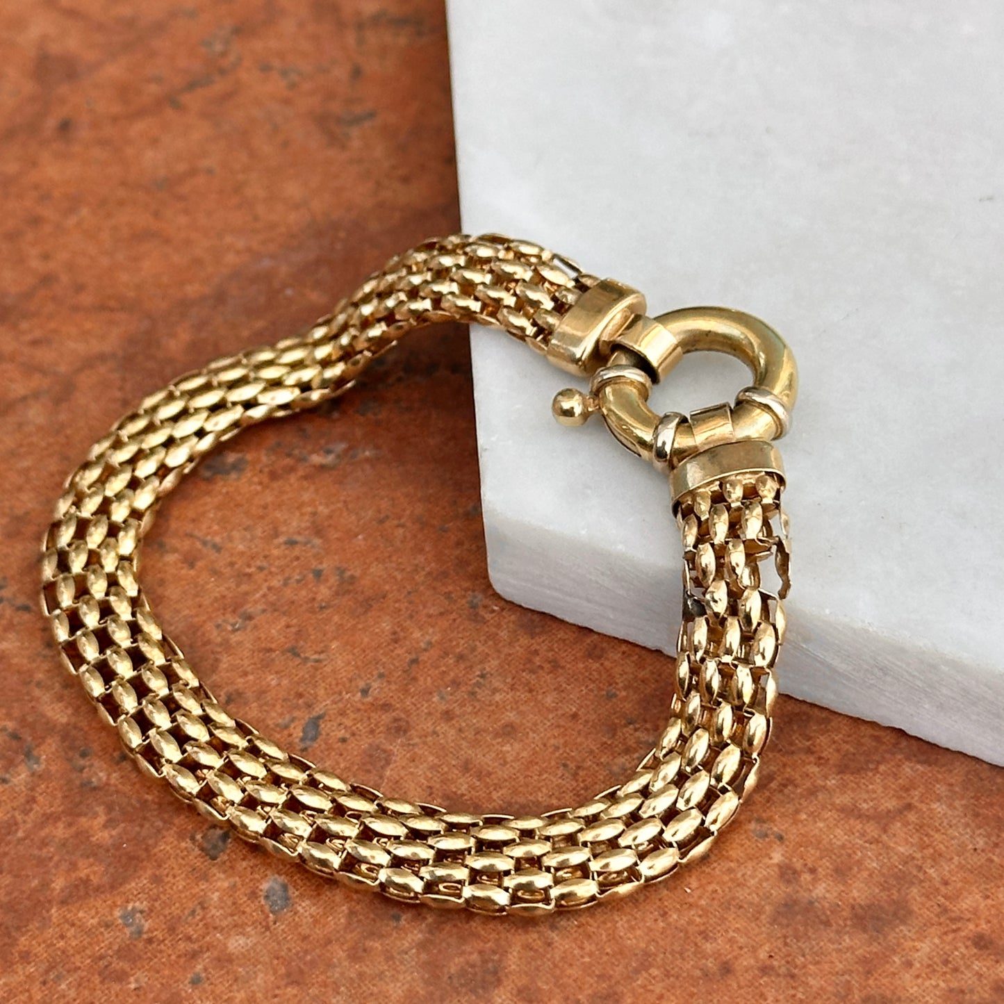 Estate 14KT Yellow Gold Open Weave Link Bracelet + Fancy Spring Ring 7”