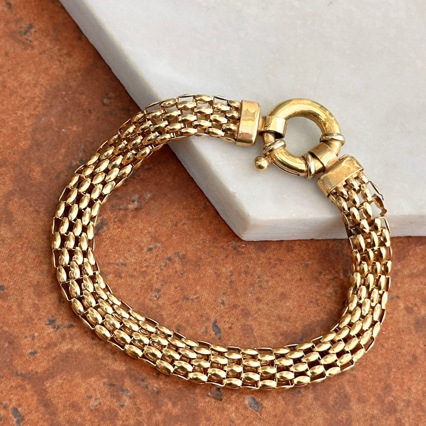 Estate 14KT Yellow Gold Open Weave Link Bracelet + Fancy Spring Ring 7”