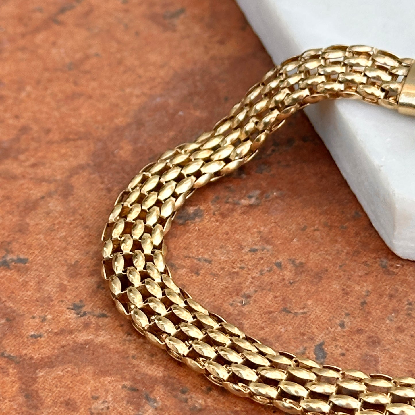 Estate 14KT Yellow Gold Open Weave Link Bracelet + Fancy Spring Ring 7”