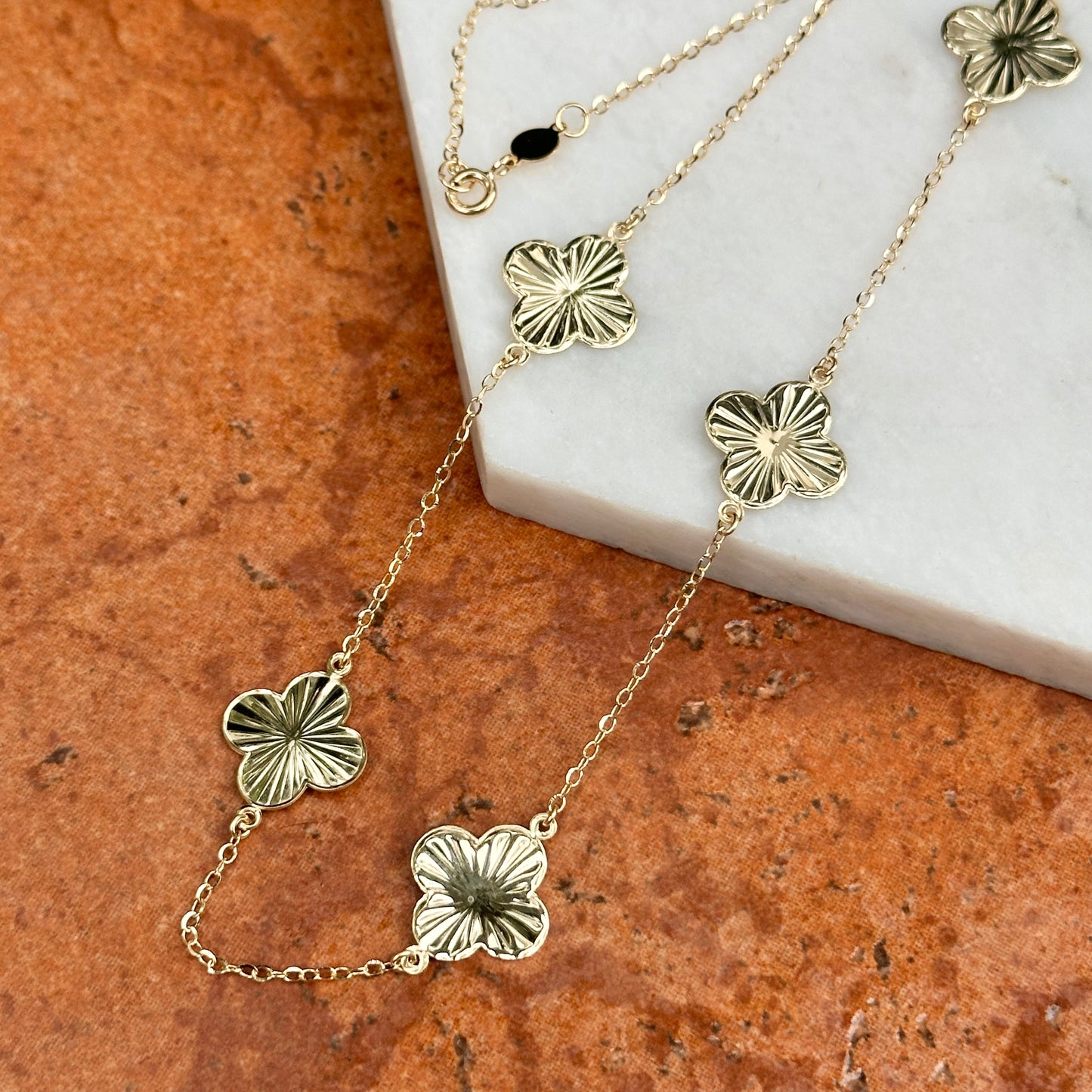 14KT Yellow Gold Diamond-Cut Clover Station Necklace