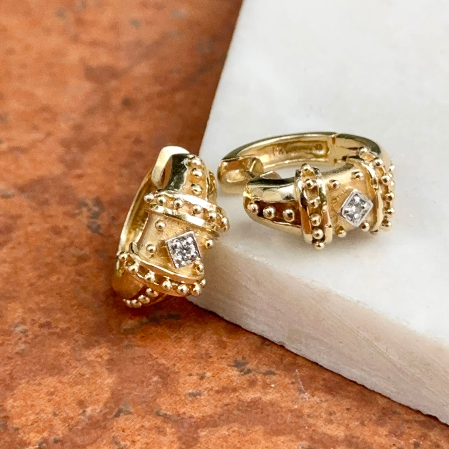 Estate 14KT Yellow Gold Beaded Diamond Huggie Hoop Earrings