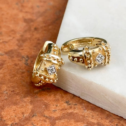 Estate 14KT Yellow Gold Beaded Diamond Huggie Hoop Earrings