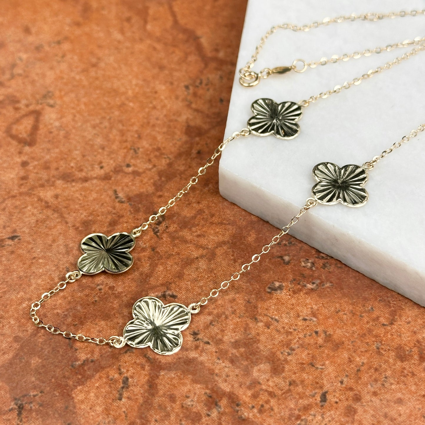 14KT Yellow Gold Diamond-Cut Clover Station Necklace