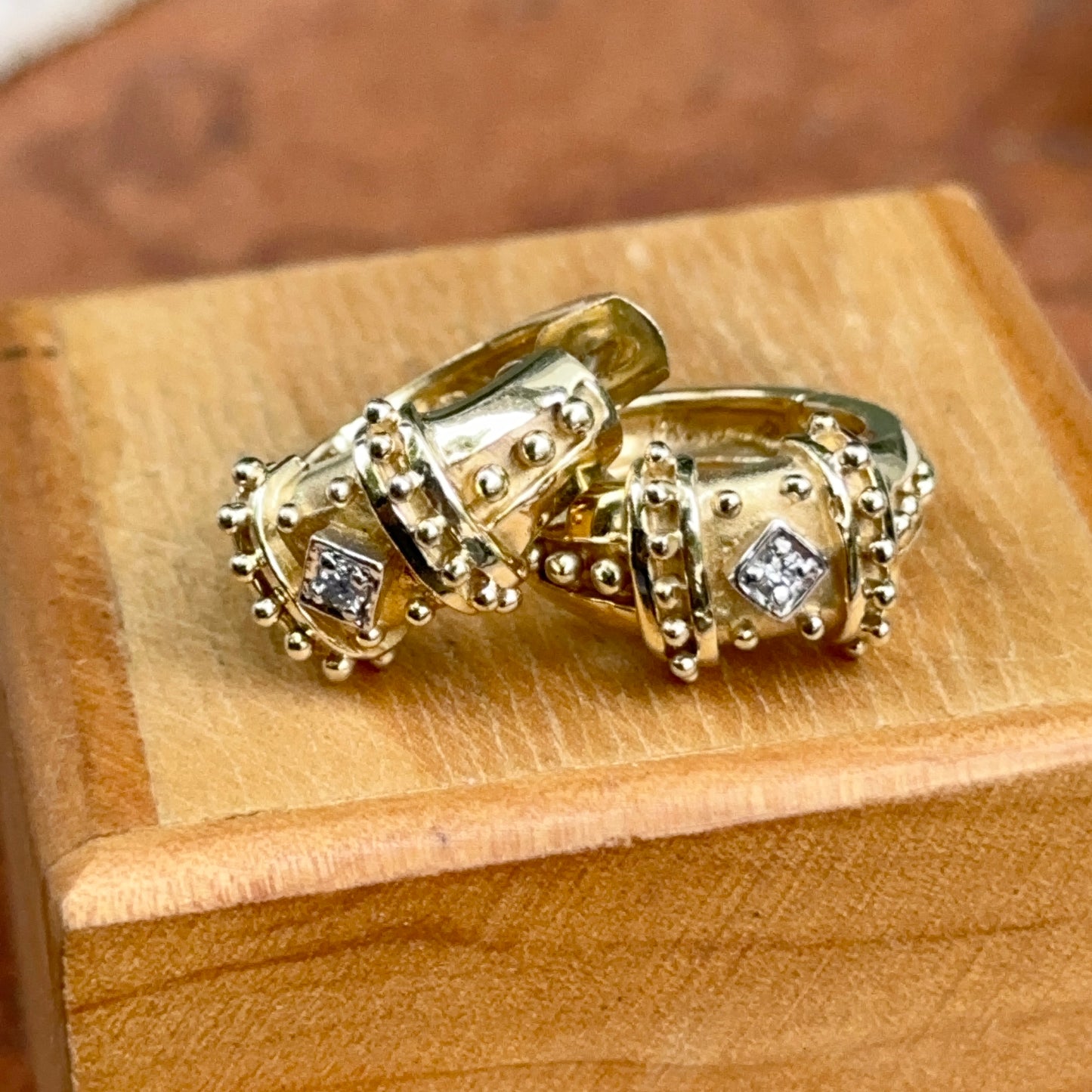 Estate 14KT Yellow Gold Beaded Diamond Huggie Hoop Earrings