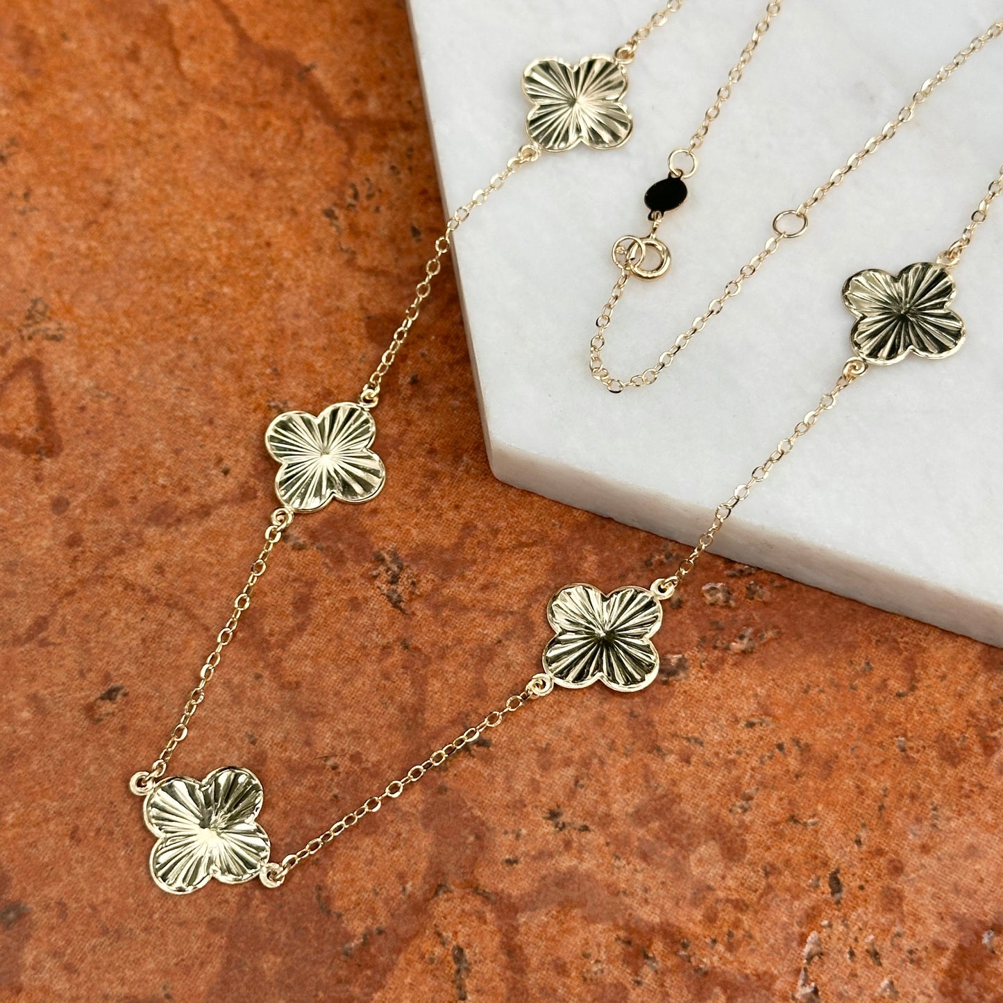 14KT Yellow Gold Diamond-Cut Clover Station Necklace