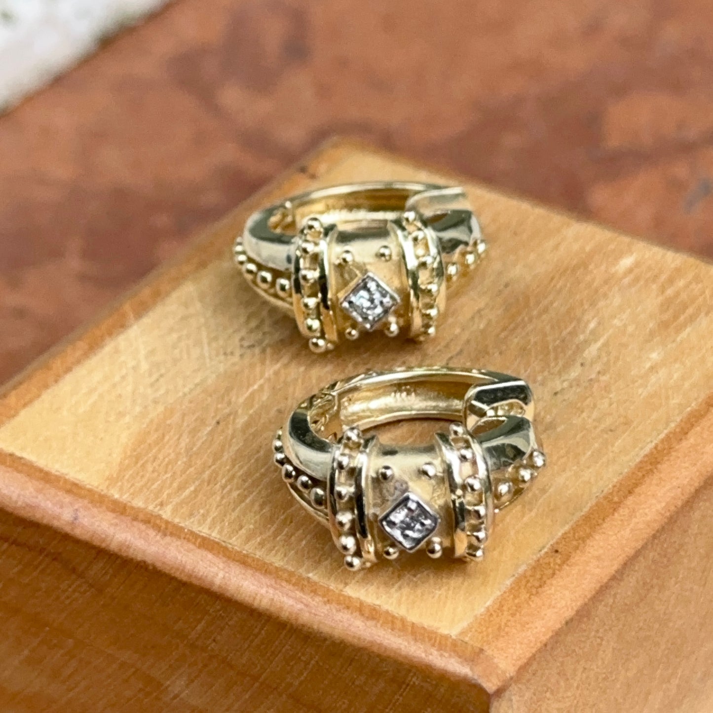 Estate 14KT Yellow Gold Beaded Diamond Huggie Hoop Earrings