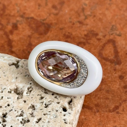 Estate 10KT Yellow Gold Amethyst, Diamond, + Agate Ring