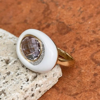 Estate 10KT Yellow Gold Amethyst, Diamond, + Agate Ring