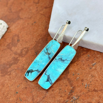 Sterling Silver Arizona Turquoise + Black Diamond Bezel Dangle Earrings
