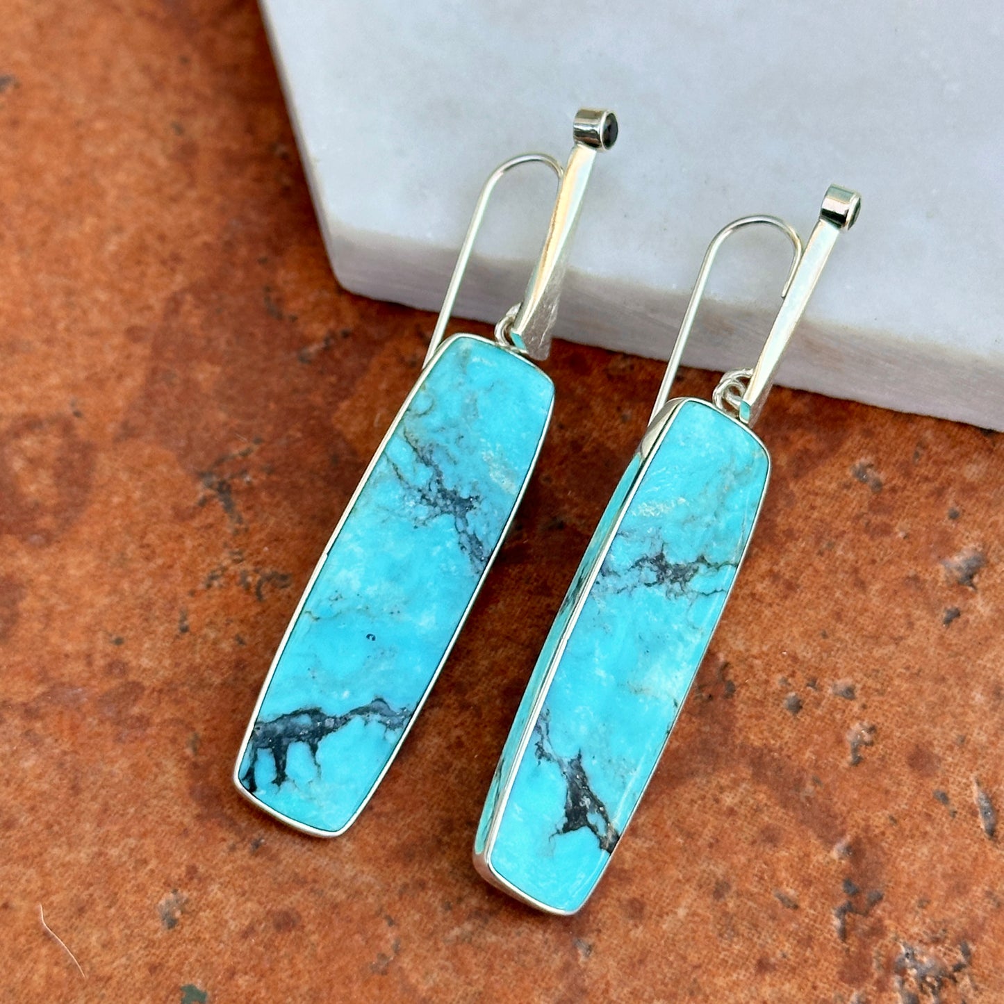 Sterling Silver Arizona Turquoise + Black Diamond Bezel Dangle Earrings