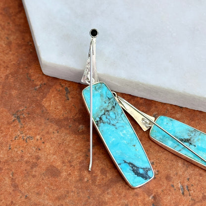 Sterling Silver Arizona Turquoise + Black Diamond Bezel Dangle Earrings