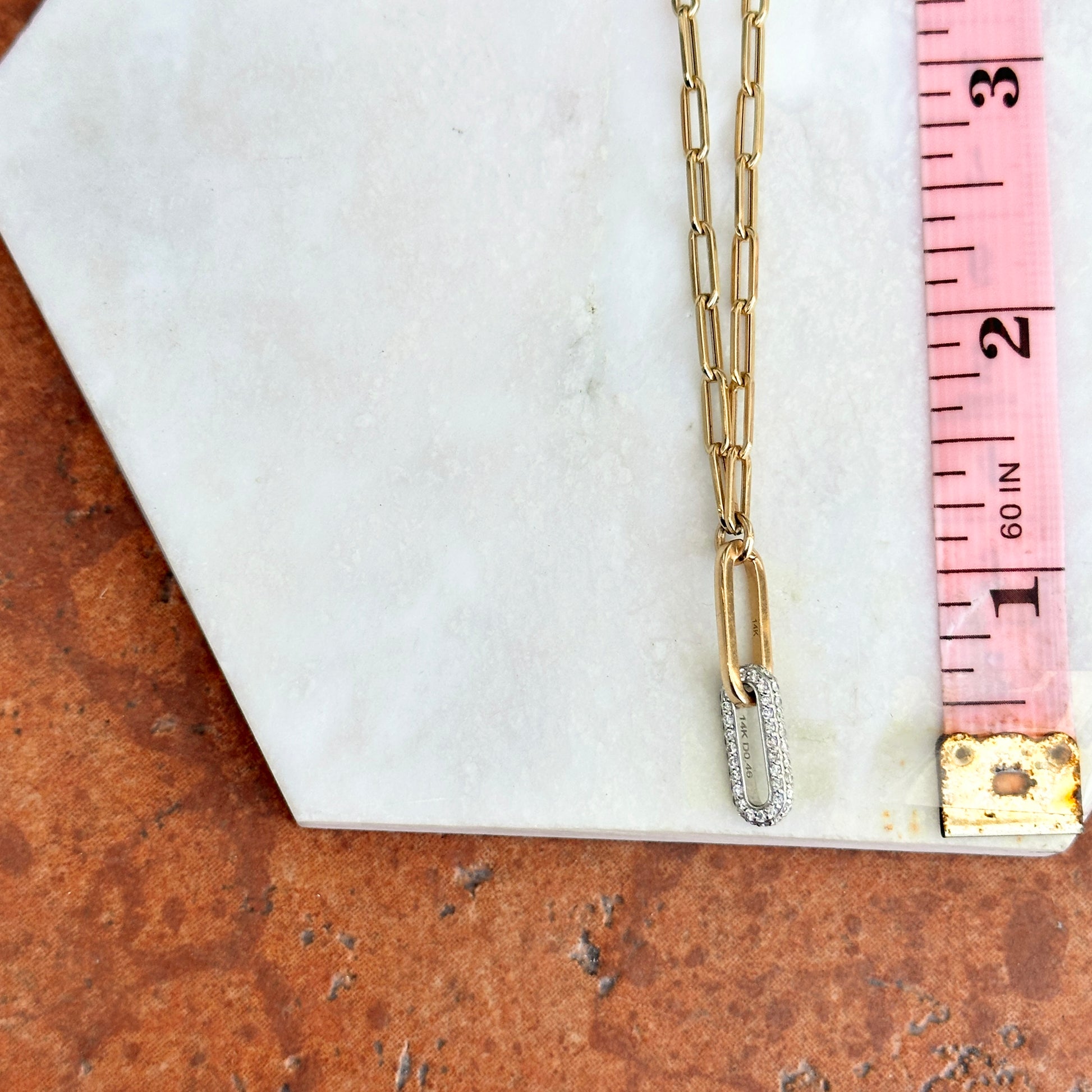 14KT Yellow & White Gold Paperclip Chain + Round Diamond Drop 15.75'' - LSJ