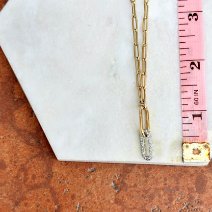 14KT Yellow & White Gold Paperclip Chain + Round Diamond Drop 15.75'' - LSJ