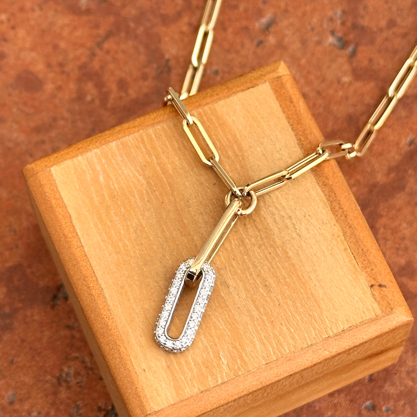 14KT Yellow & White Gold Paperclip Chain + Round Diamond Drop 15.75'' - LSJ