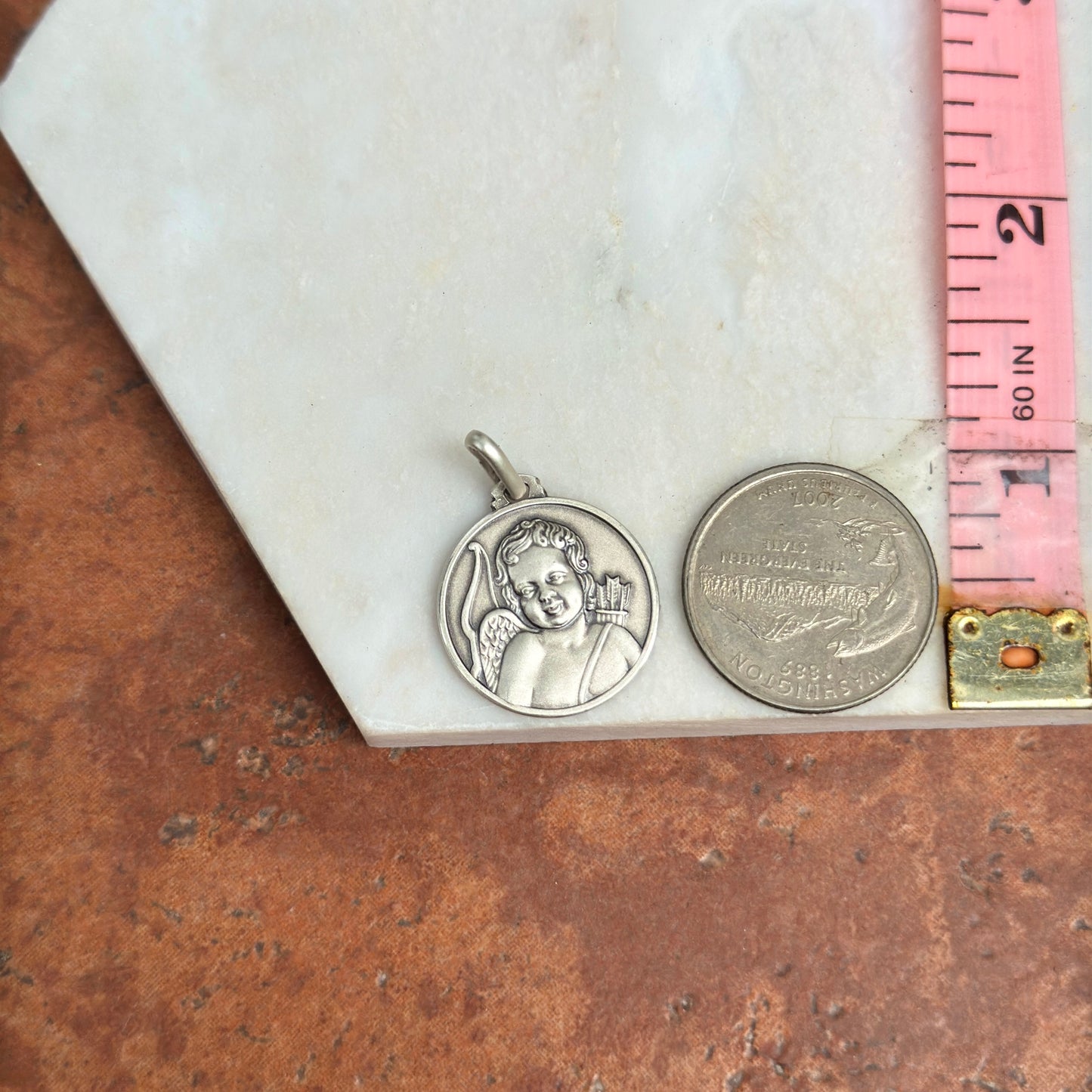 Sterling Silver Antiqued Cupid Medal Pendant 21mm