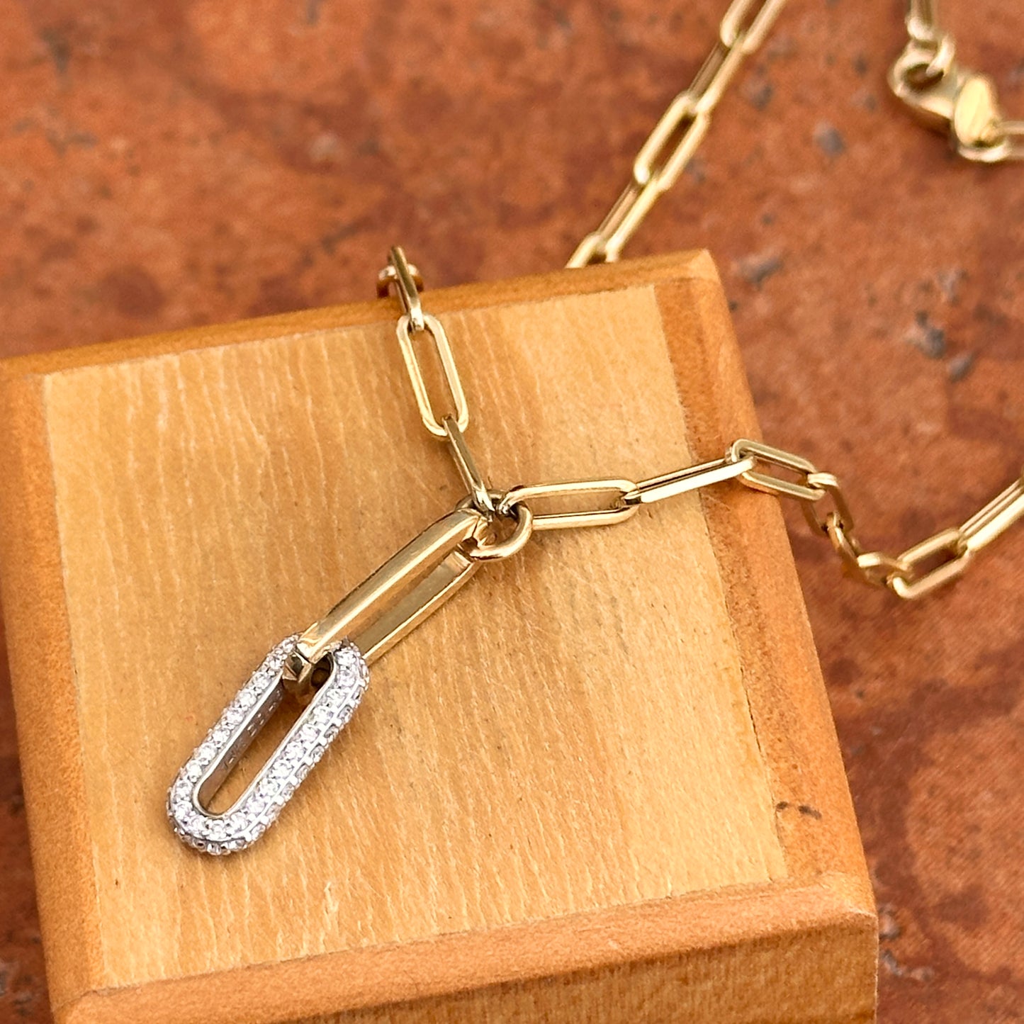 14KT Yellow & White Gold Paperclip Chain + Round Diamond Drop 15.75'' - LSJ