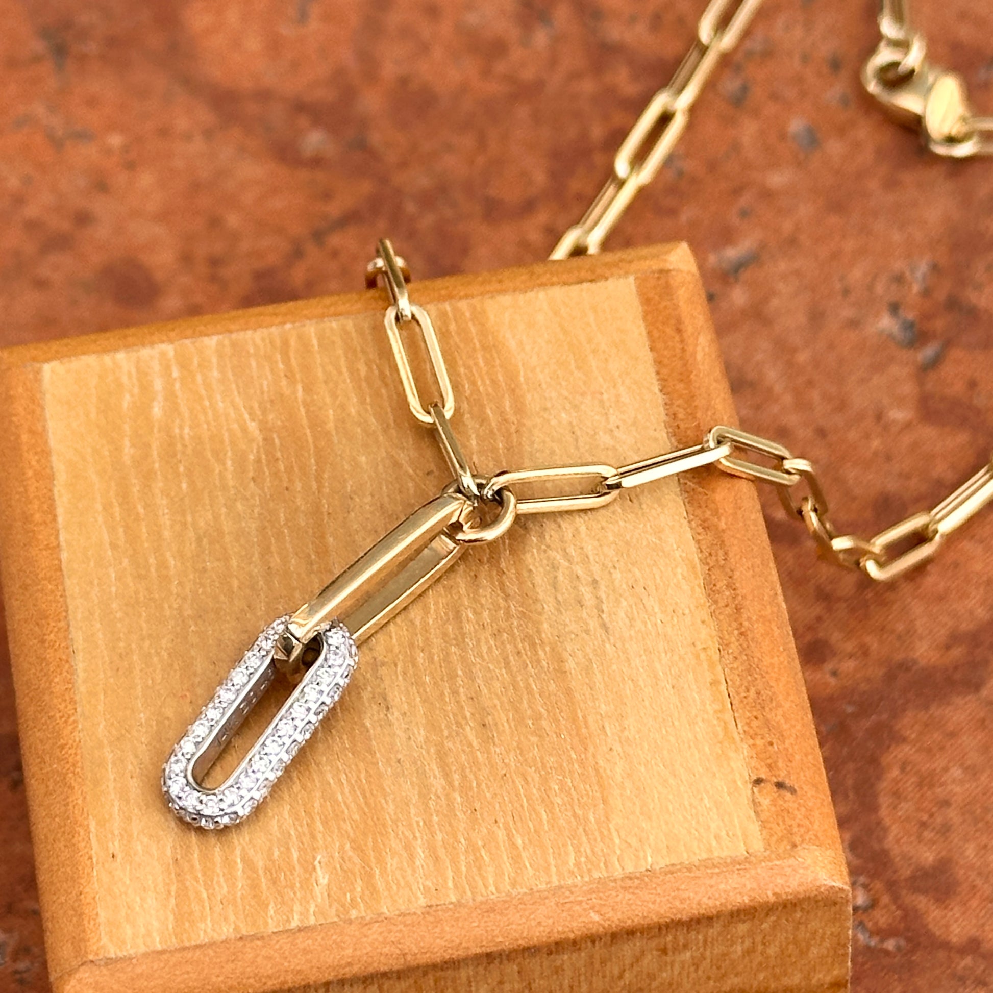 14KT Yellow & White Gold Paperclip Chain + Round Diamond Drop 15.75'' - LSJ