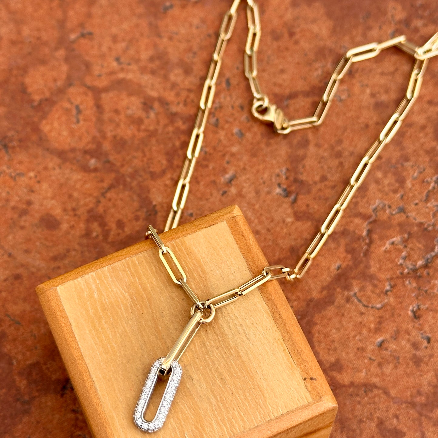 14KT Yellow & White Gold Paperclip Chain + Round Diamond Drop 15.75'' - LSJ
