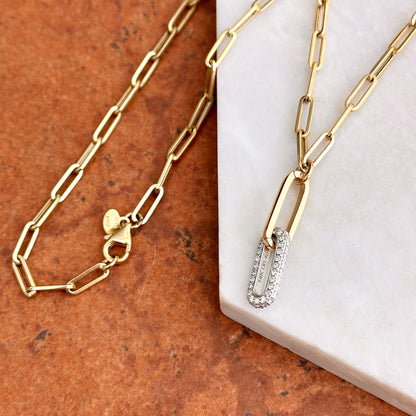 14KT Yellow & White Gold Paperclip Chain + Round Diamond Drop 15.75'' - LSJ