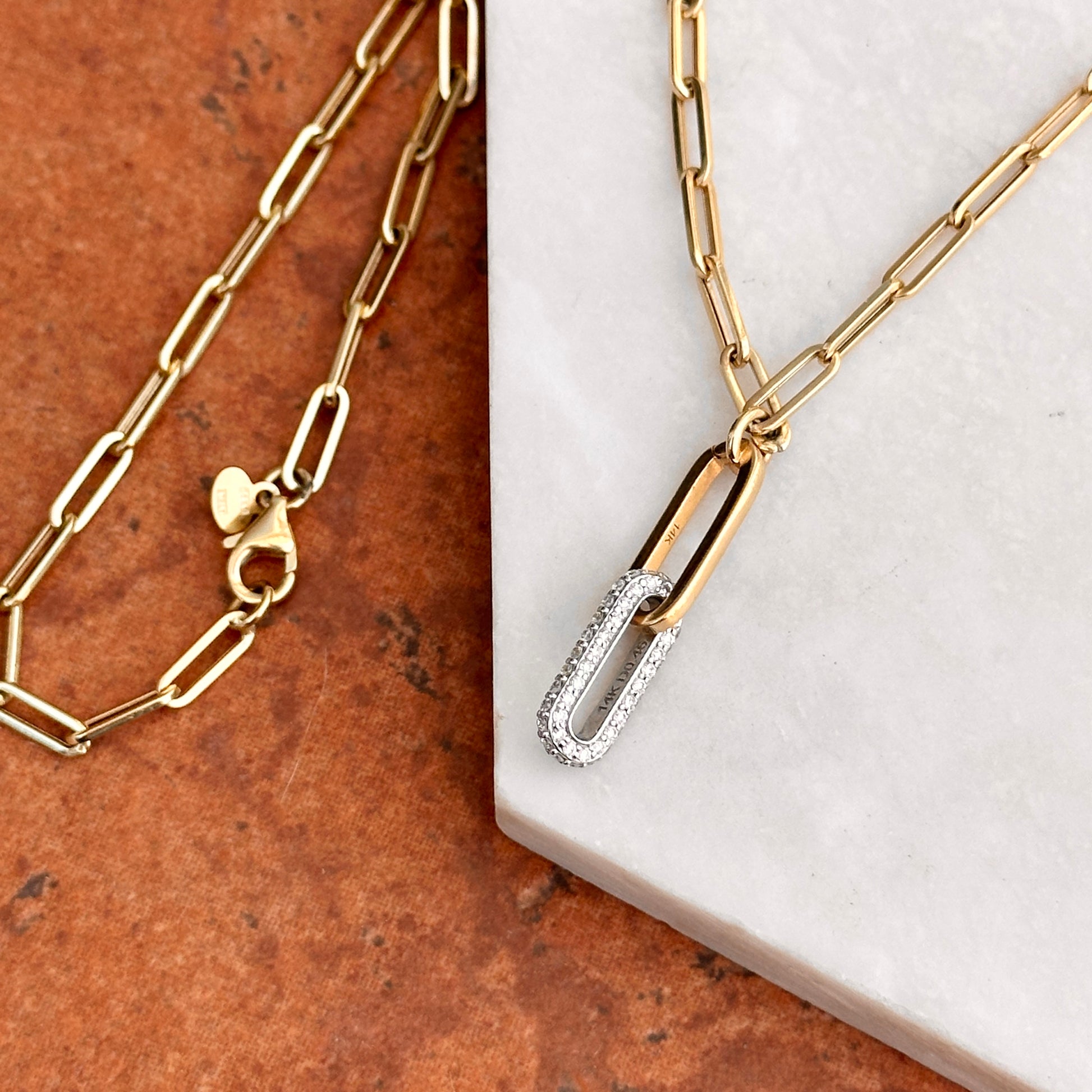 14KT Yellow & White Gold Paperclip Chain + Round Diamond Drop 15.75'' - LSJ
