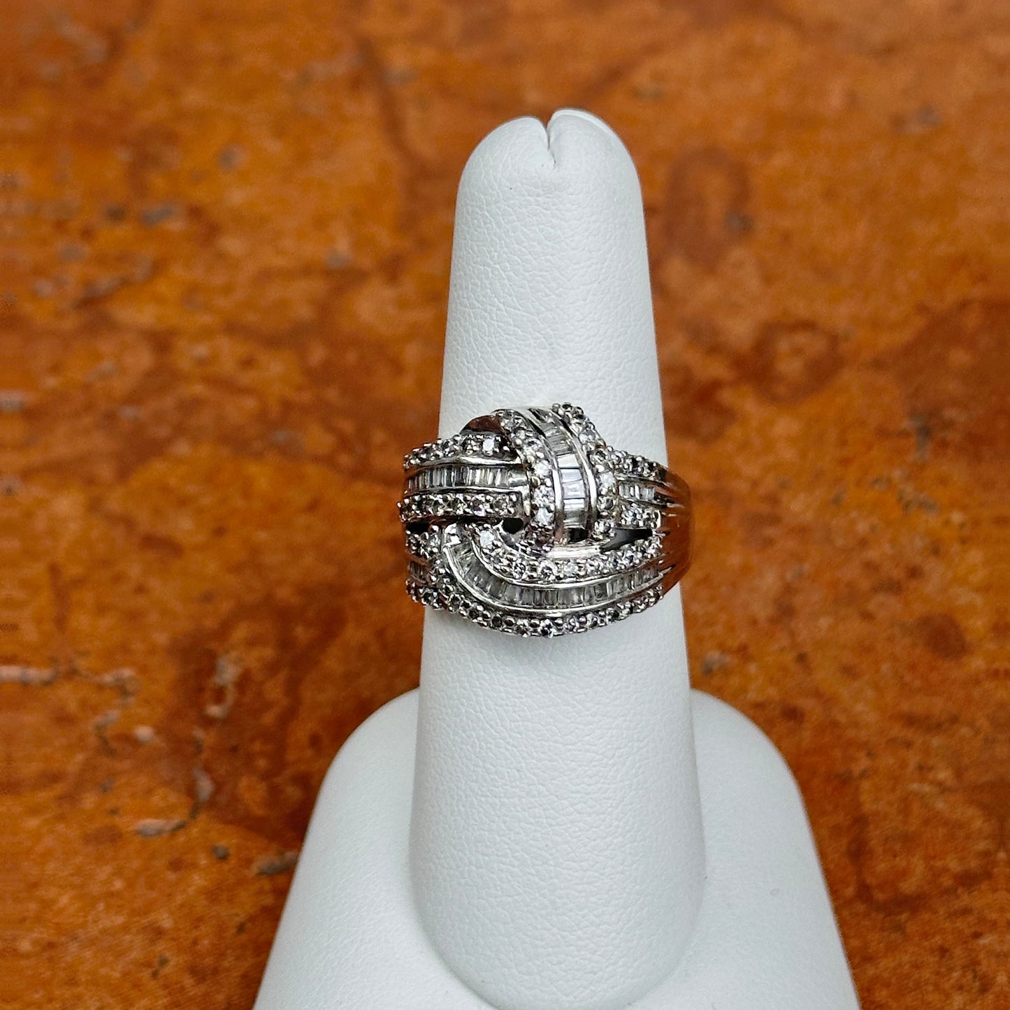 Estate 10KT White Gold Baguette + Round Knot Dome Ring